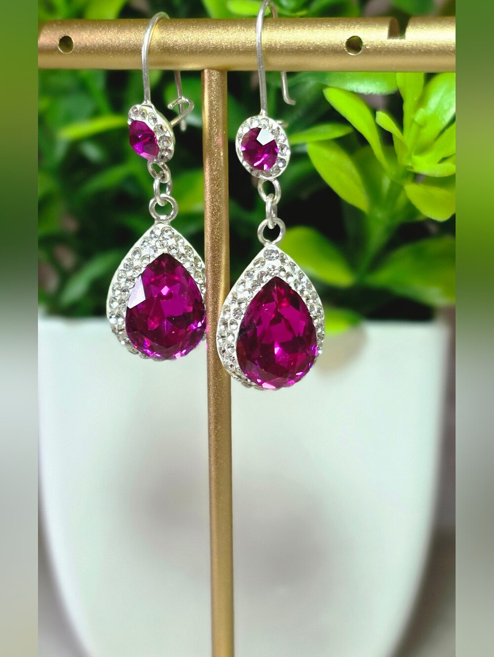 Sterling Silver Drop Earrings with Fuchsia Teardrop Crystals